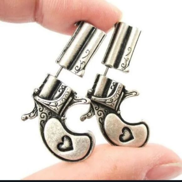 Silver titanium double shooter hand gun heart stud punk earrings new - Picture 1 of 3